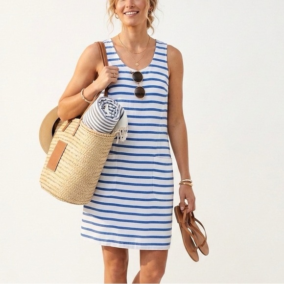 Max Mara Weekend Blue White Striped Nautical Sleeveless Shift Dress Linen  Blend